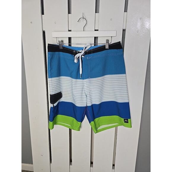 Rusty Board Shorts Striped Blue Green Hook & Loop Mens Size 33 Surfer Beach - Picture 1 of 9